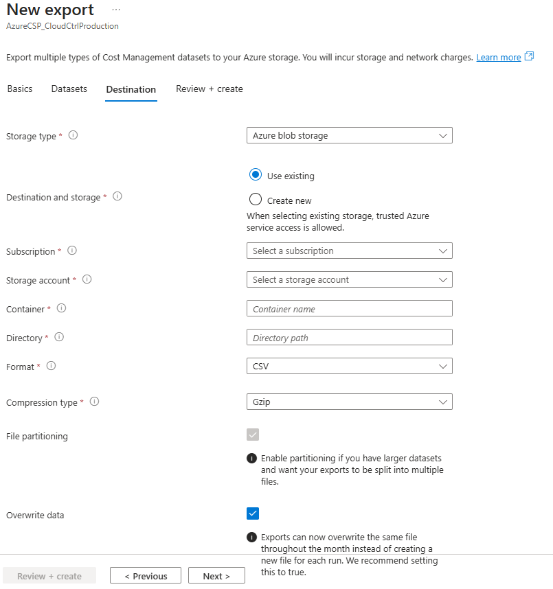 New Export Screen in Azure Portal